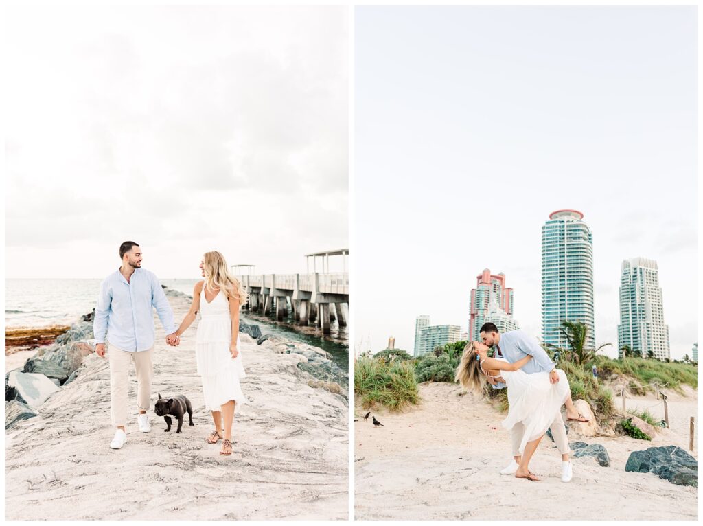 Miami Beach South Pointe Park Engagement Photos with dog