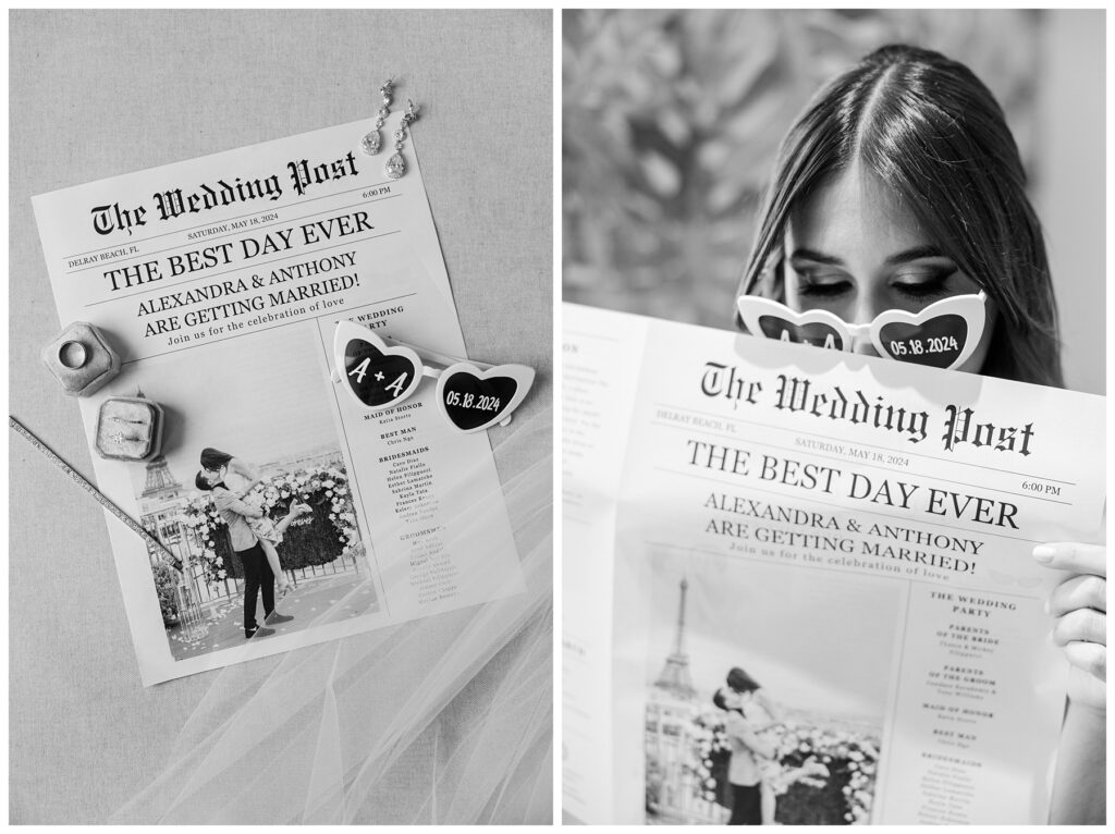 The Ray Hotel Wedding getting ready and bridal details including a wedding newspaper