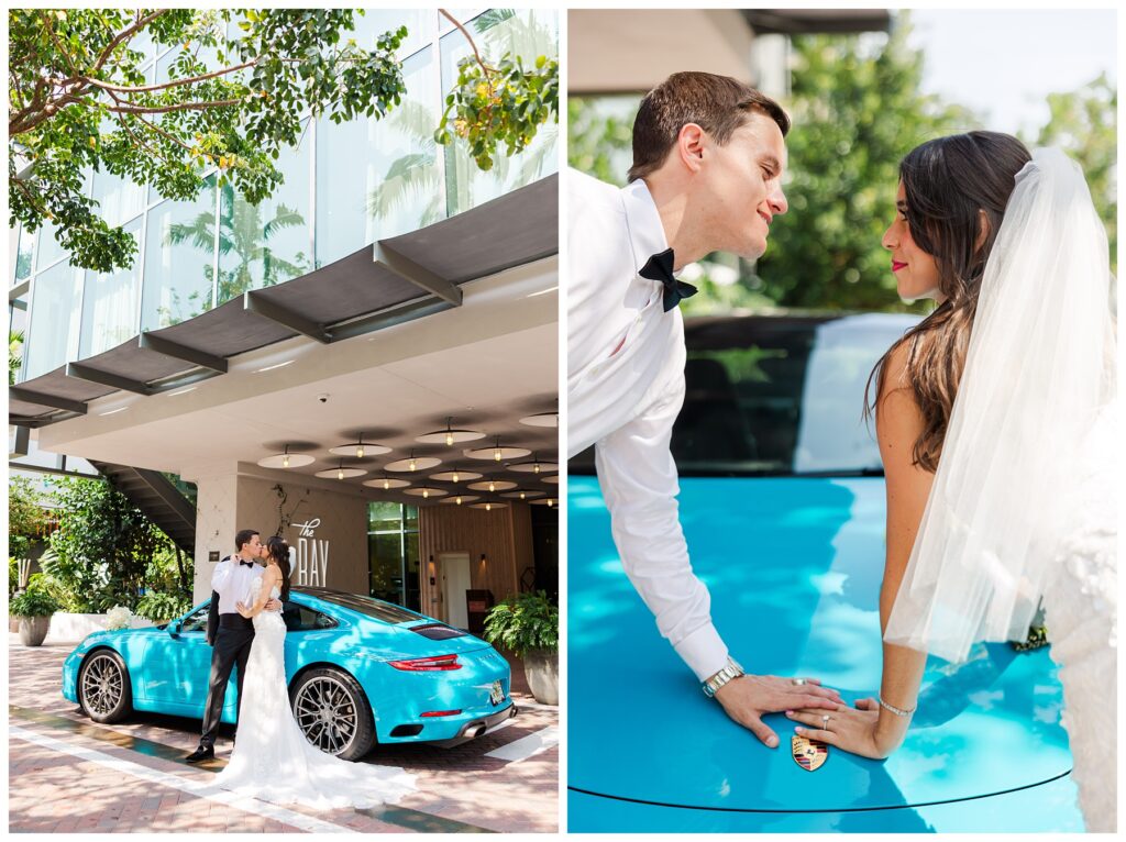 The Ray Hotel Wedding bride and groom wedding portraits with a bright blue porsche