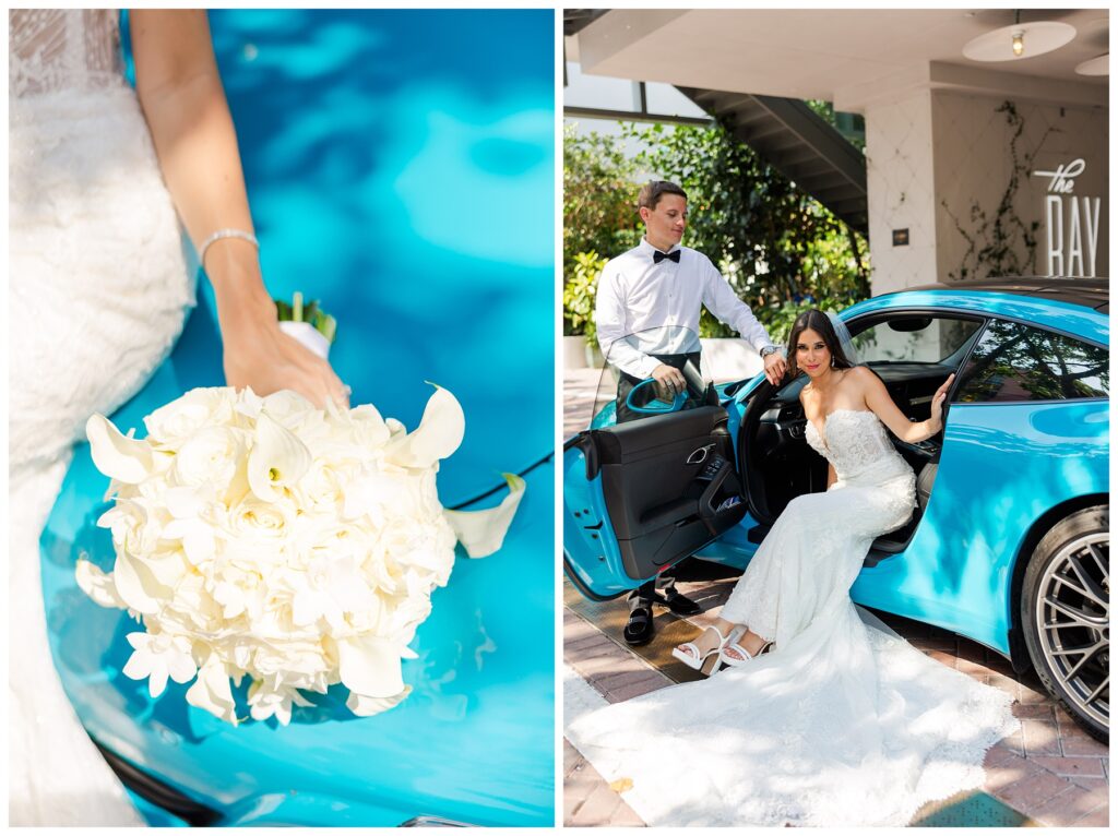 The Ray Hotel Wedding bride and groom wedding portraits with a bright blue porsche