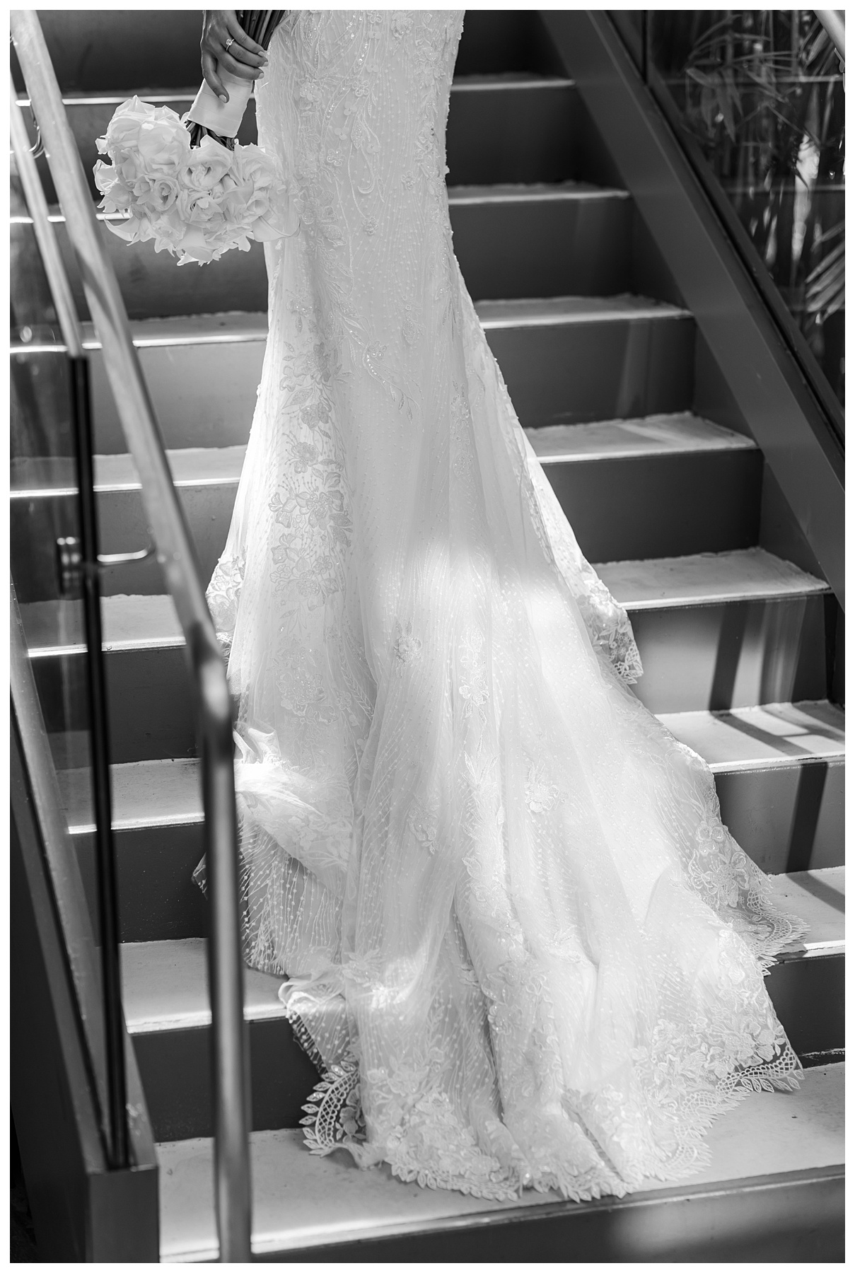 The Ray Hotel Wedding bridal portraits on the stairs in black and white