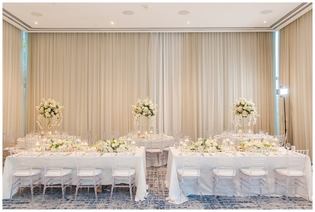 The Ray Hotel Wedding reception details with white florals