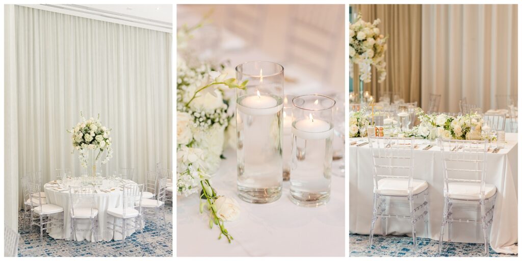 The Ray Hotel Wedding reception details with white florals