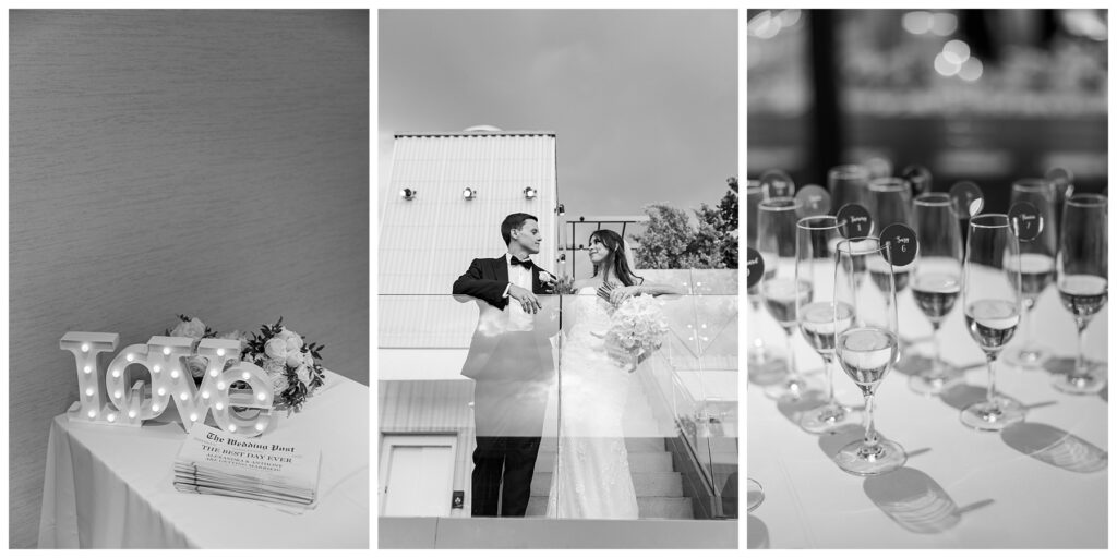 The Ray Hotel Wedding reception details with white florals in black and white