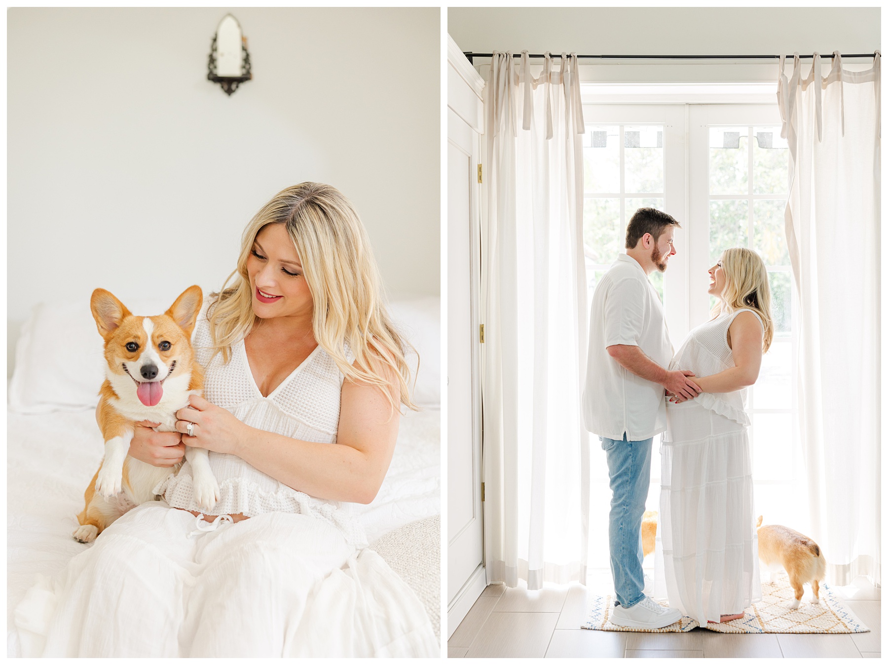 Hannah and Andrew sit on the bed with their dogs for their studio maternity photo shoot at The Rich Hippies House