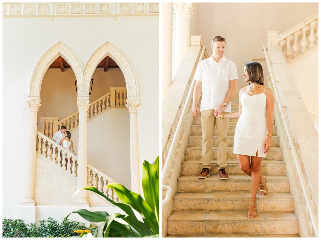 A couple poses for their engagement photos at The Boca Raton resort in a white dress