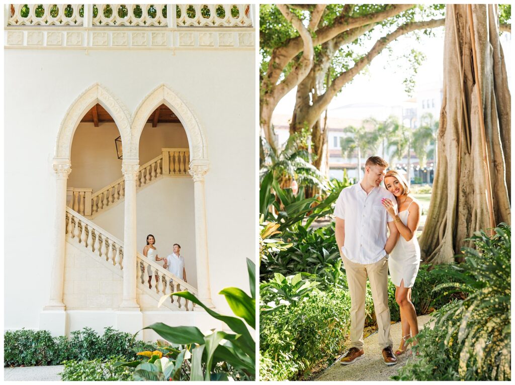 A couple poses for their engagement photos at The Boca Raton resort 