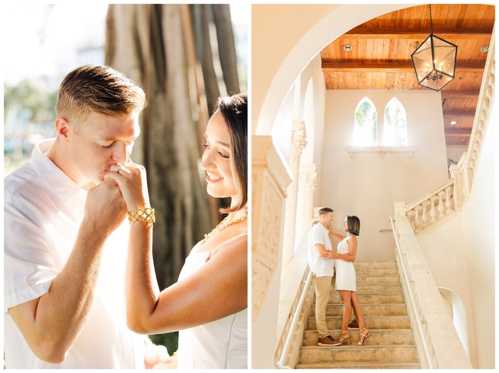 A couple poses for their engagement photos at The Boca Raton resort. The groom kisses the bride's hand