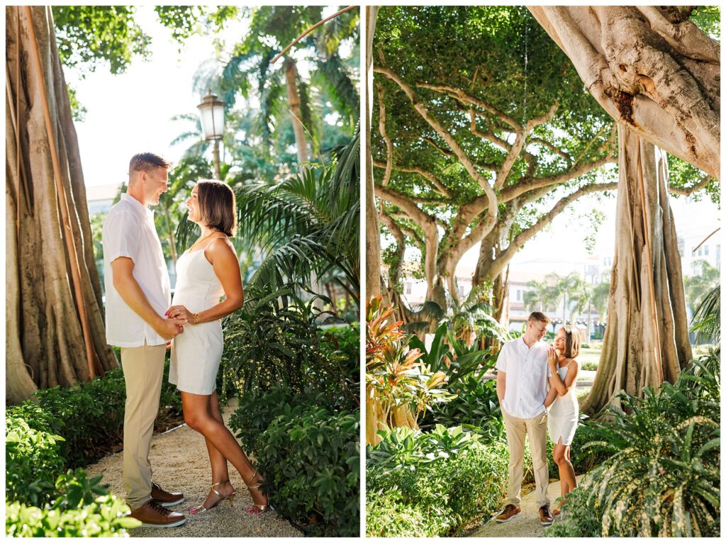 A couple poses for their engagement photos in the garden at The Boca Raton resort 