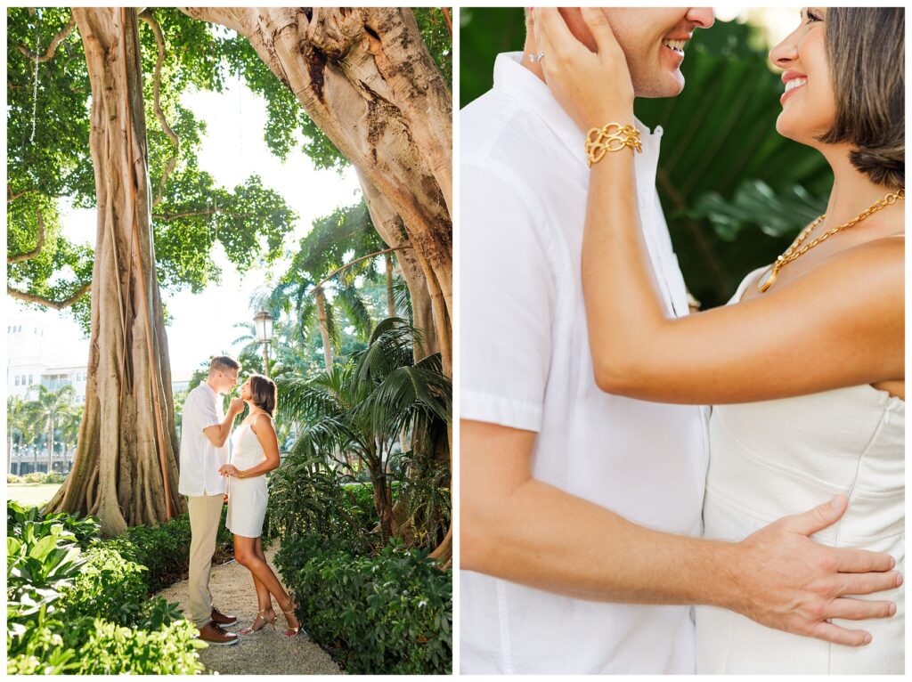 A couple poses for their engagement photos at The Boca Raton resort 