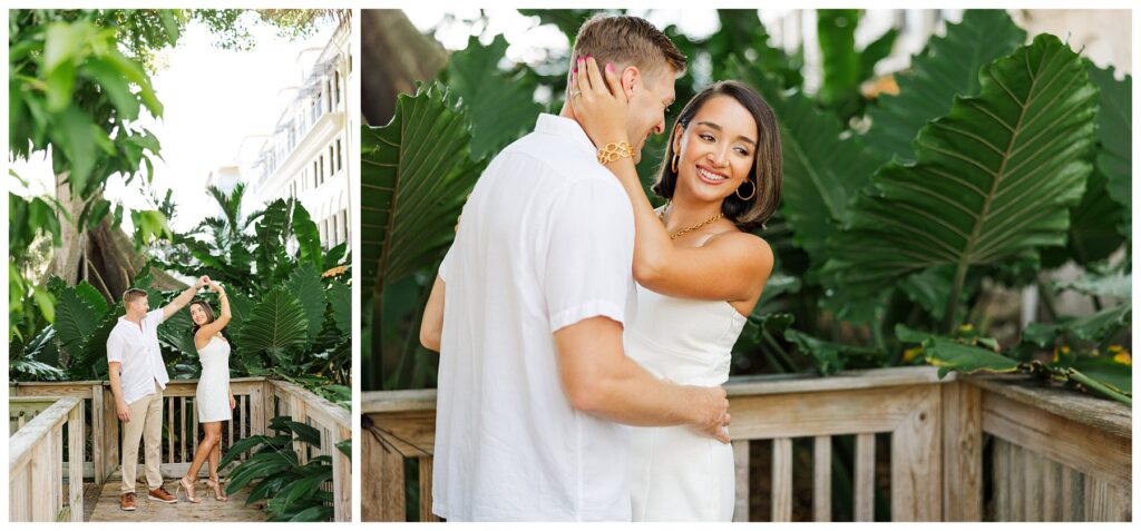 A couple poses for their engagement photos at The Boca Raton resort 