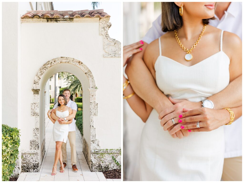 A couple poses for their engagement photos at The Boca Raton resort 