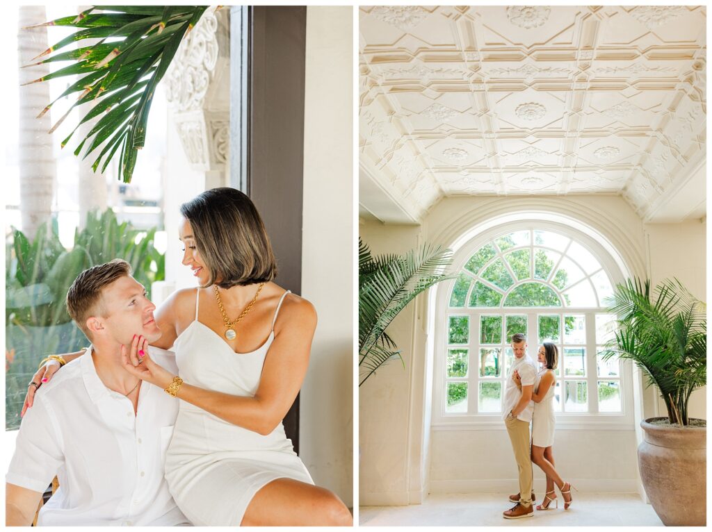 A couple poses for their engagement photos at The Boca Raton resort 