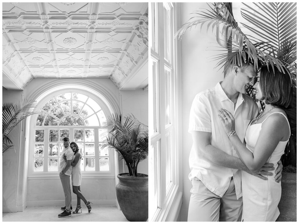 A couple poses for their engagement photos at The Boca Raton resort 