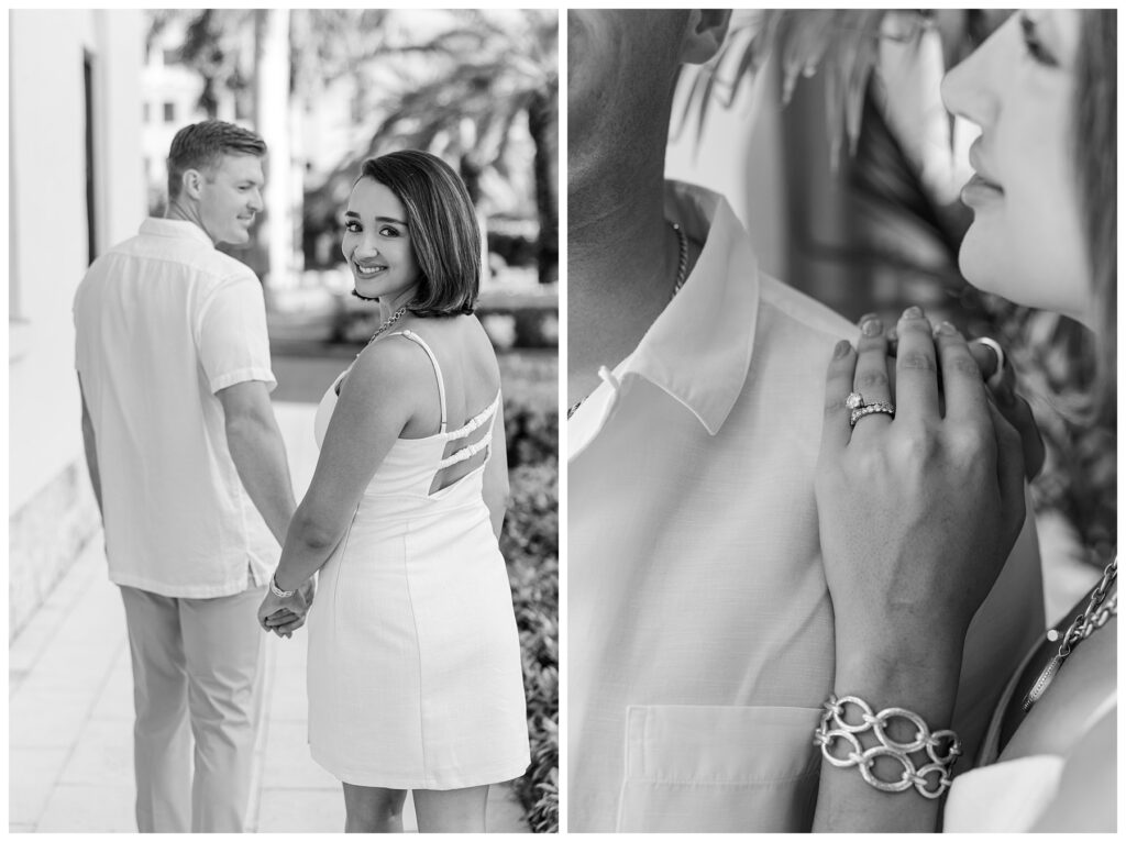 A couple poses for their engagement photos at The Boca Raton resort 