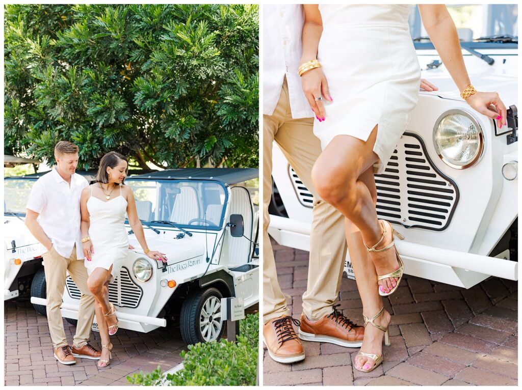 A couple poses for their engagement photos at The Boca Raton resort 