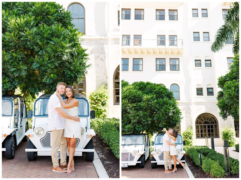 A couple poses for their engagement photos at The Boca Raton resort 