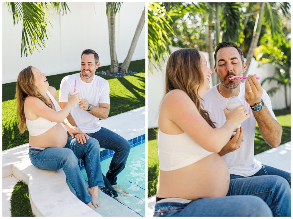 Poolside maternity session with a milkshake