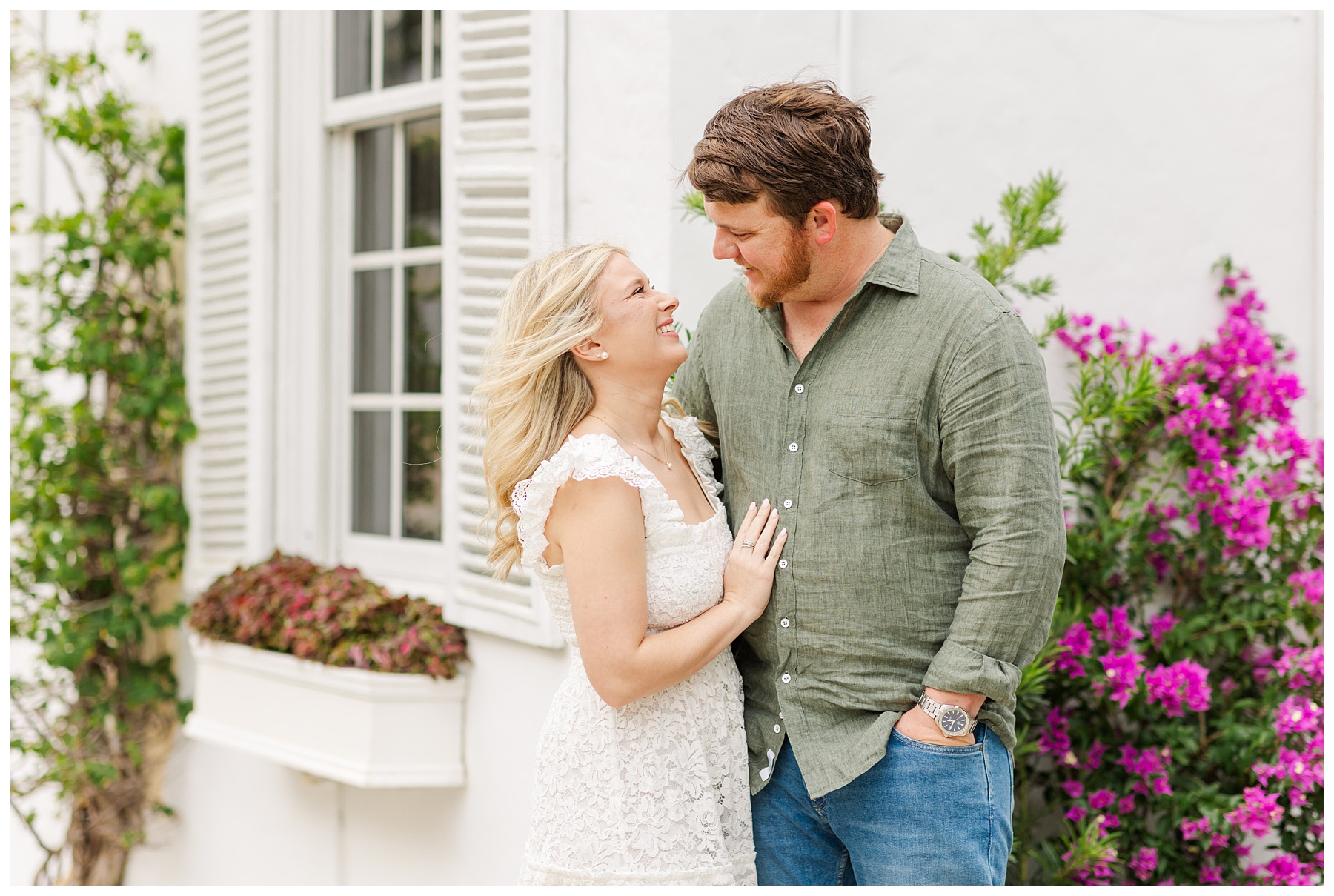 bride and groom gaze into each others eyes for Palm Beach Island engagement photos