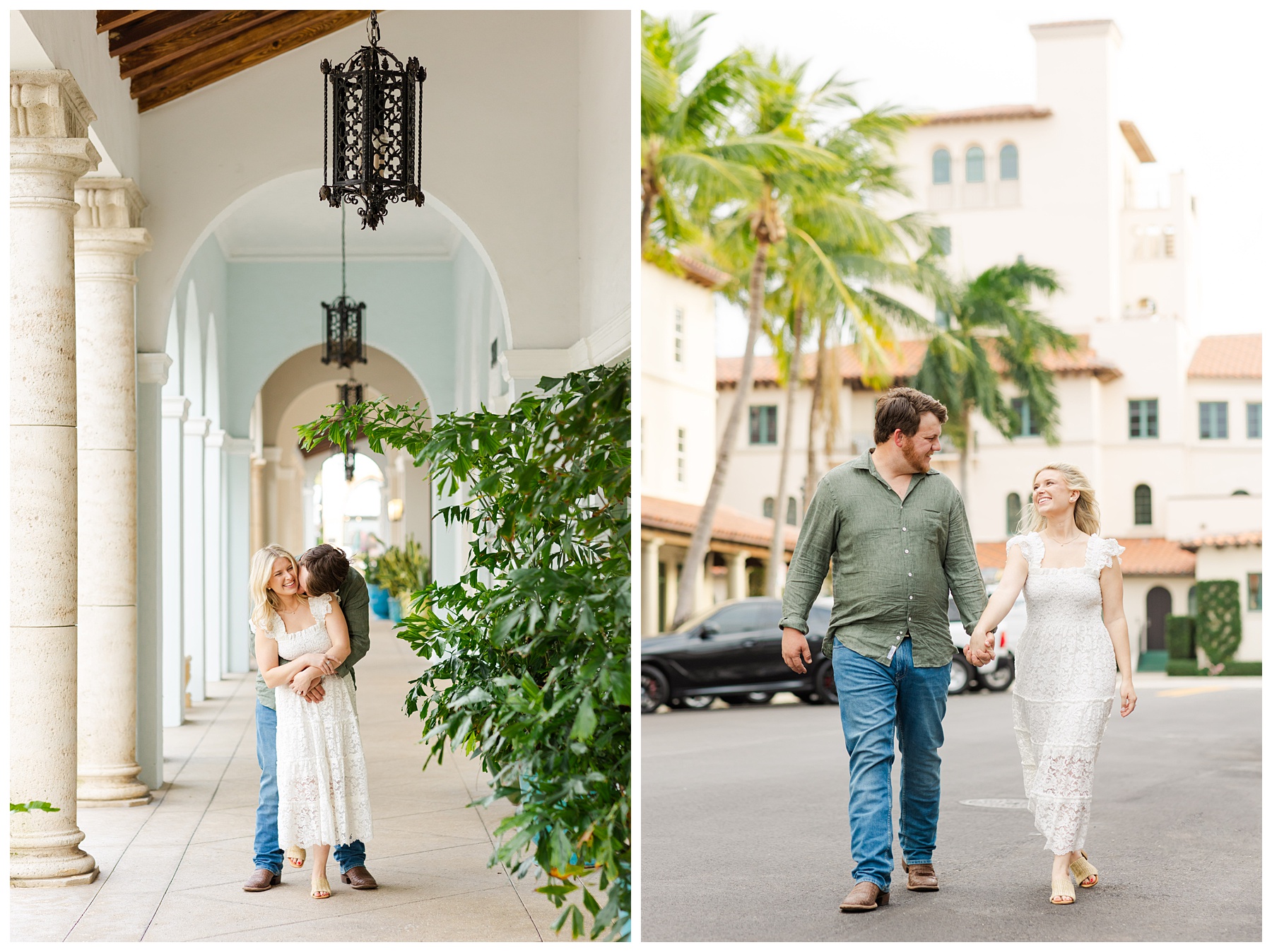 a couple walking down Worth Ave for their Palm Beach Island engagement session