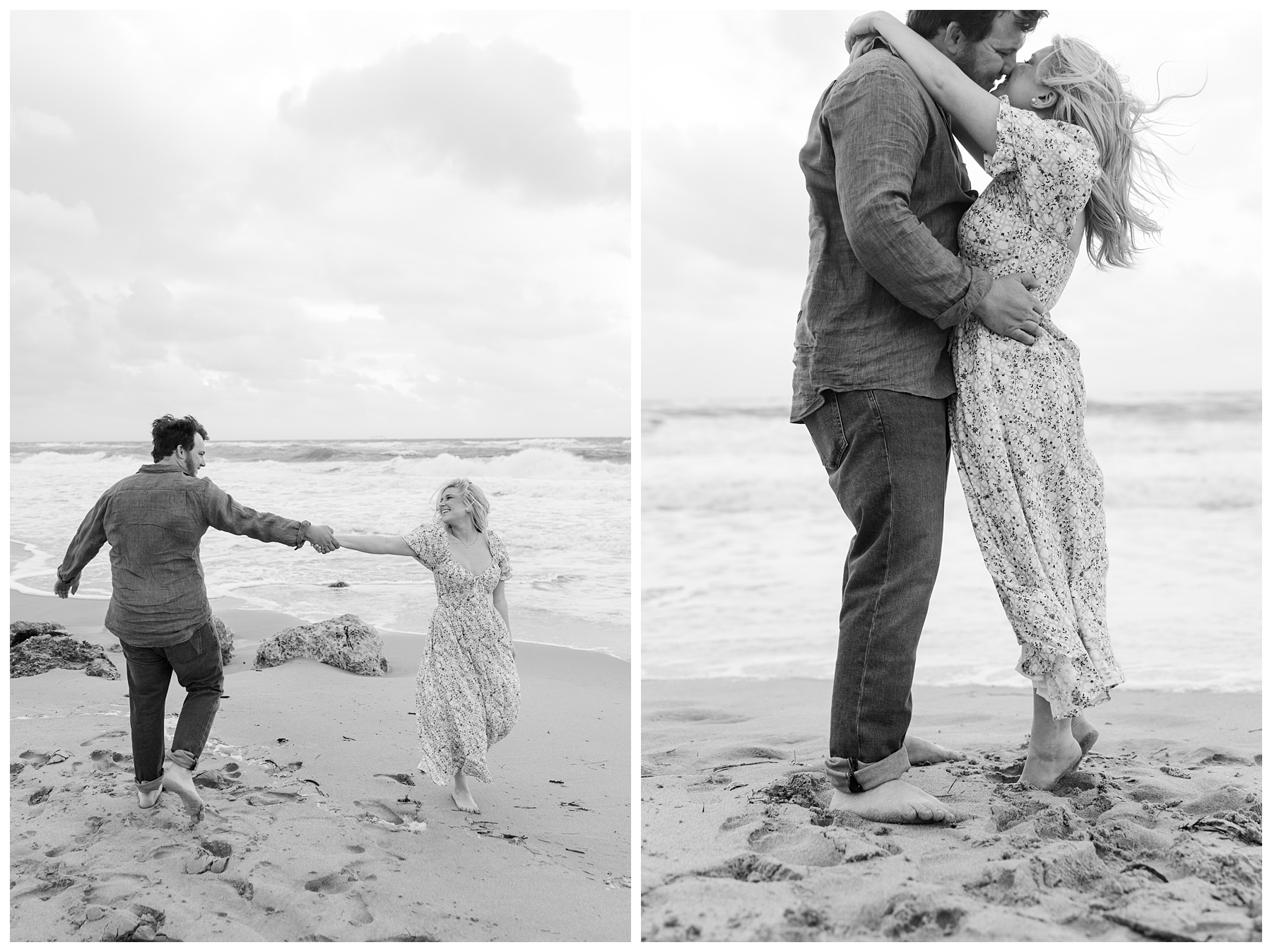 black and white wind blown engagement photos on Palm Beach Isalnd