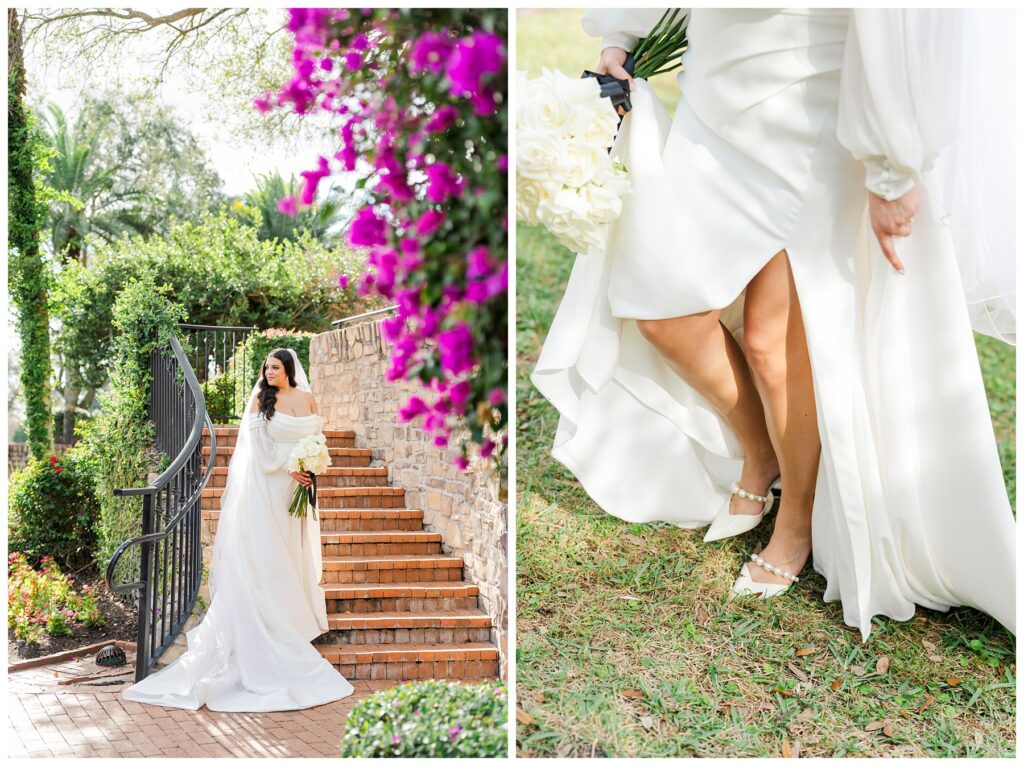 Bride portraits on the steps Bride and groom stand on the staircase at The Parkland Golf & Country Club