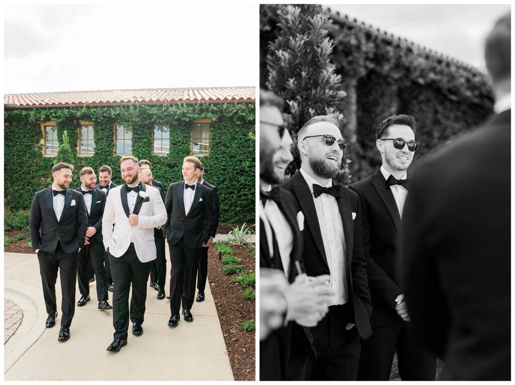 Groomsmen portraits Bride and groom stand on the staircase at The Parkland Golf & Country Club