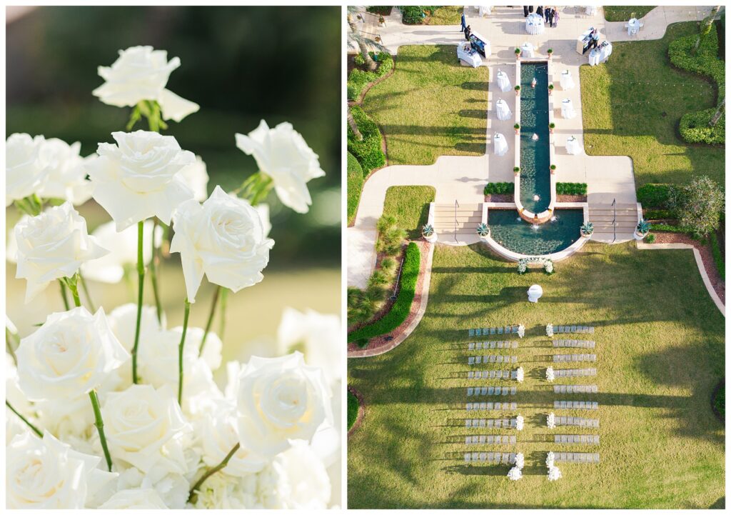 Drone footage Bride and groom stand on the staircase at The Parkland Golf & Country Club and floral details