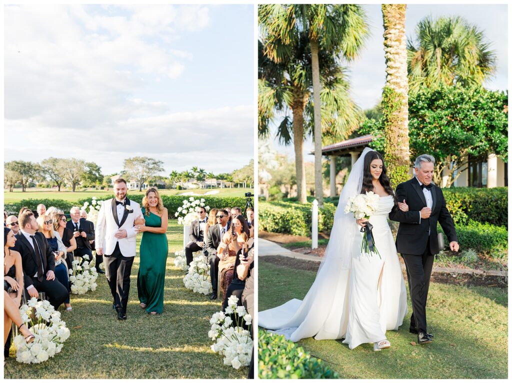 The bride and groom walk down the aisle to their wedding ceremony