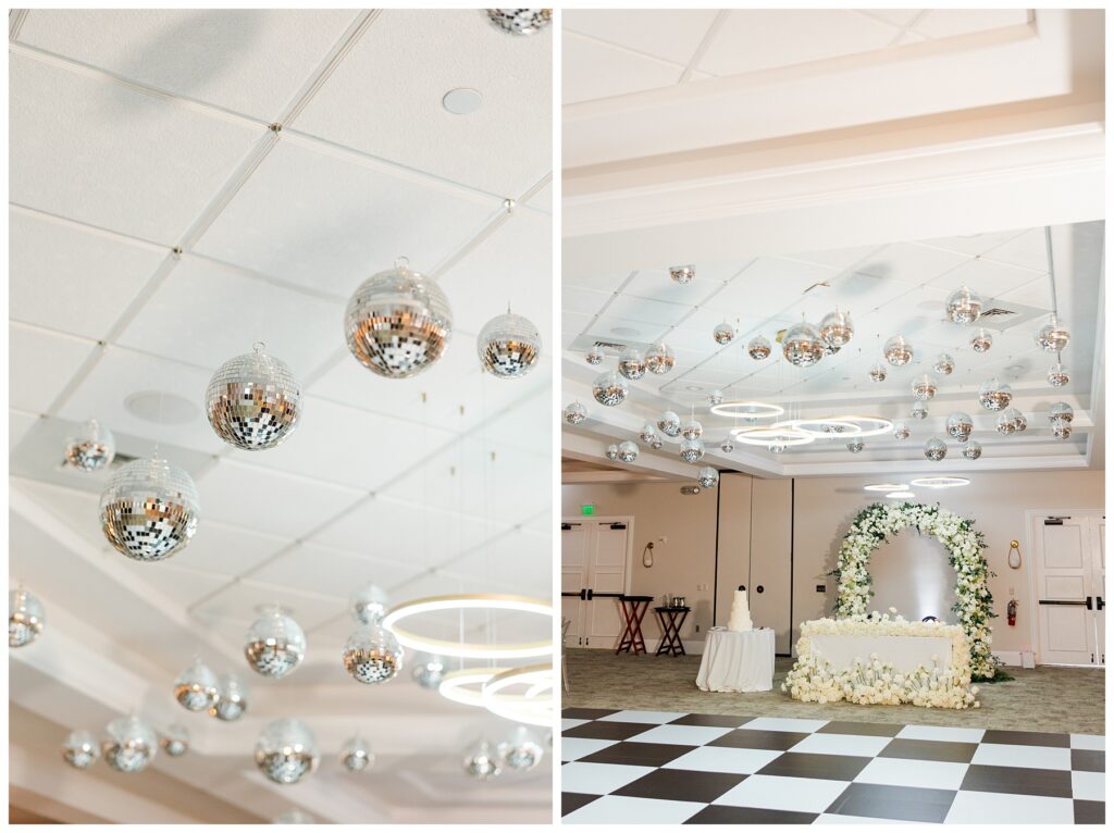 Reception details Bride and groom stand on the staircase at The Parkland Golf & Country Club included disco balls and white florals