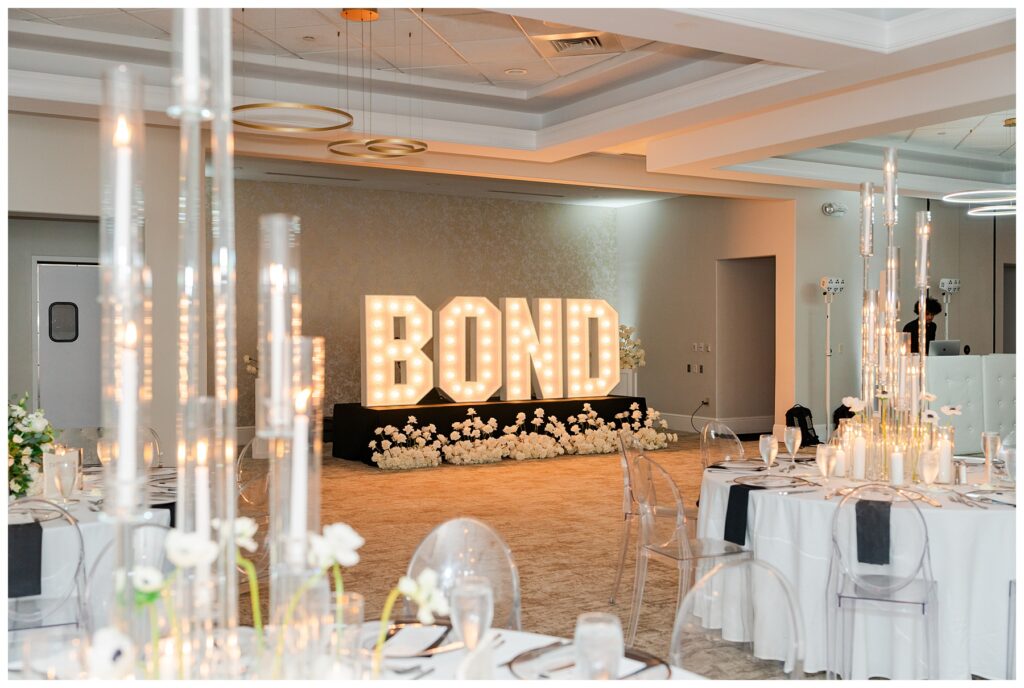 "Bond" LED sign with the bride and groom's last name