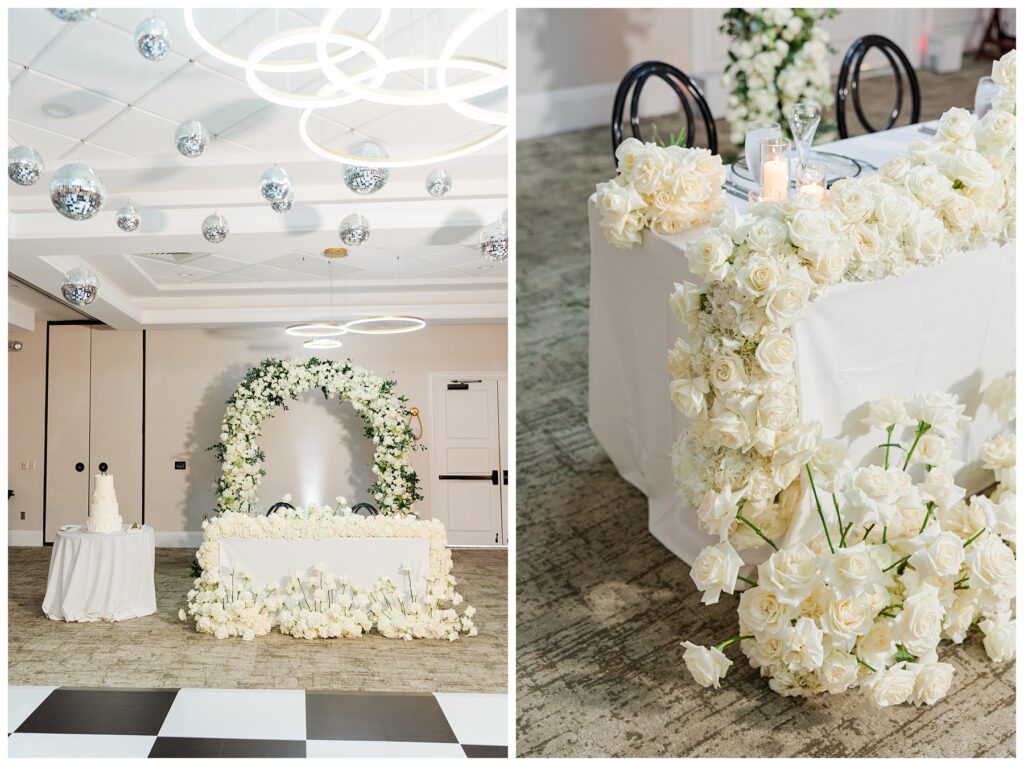 Reception details Bride and groom stand on the staircase at The Parkland Golf & Country Club included disco balls and white florals