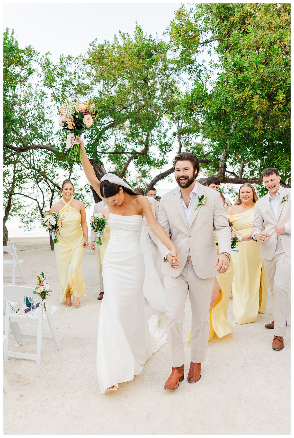 Bakers Cay Key Largo Wedding Party portraits in pale yellow bridesmaid dresses