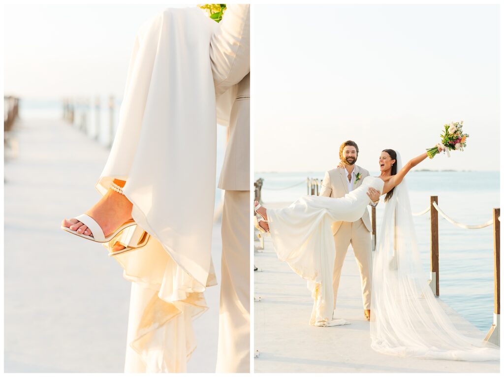 Bakers Cay Key Largo Bride and Groom just married portraits on the dock