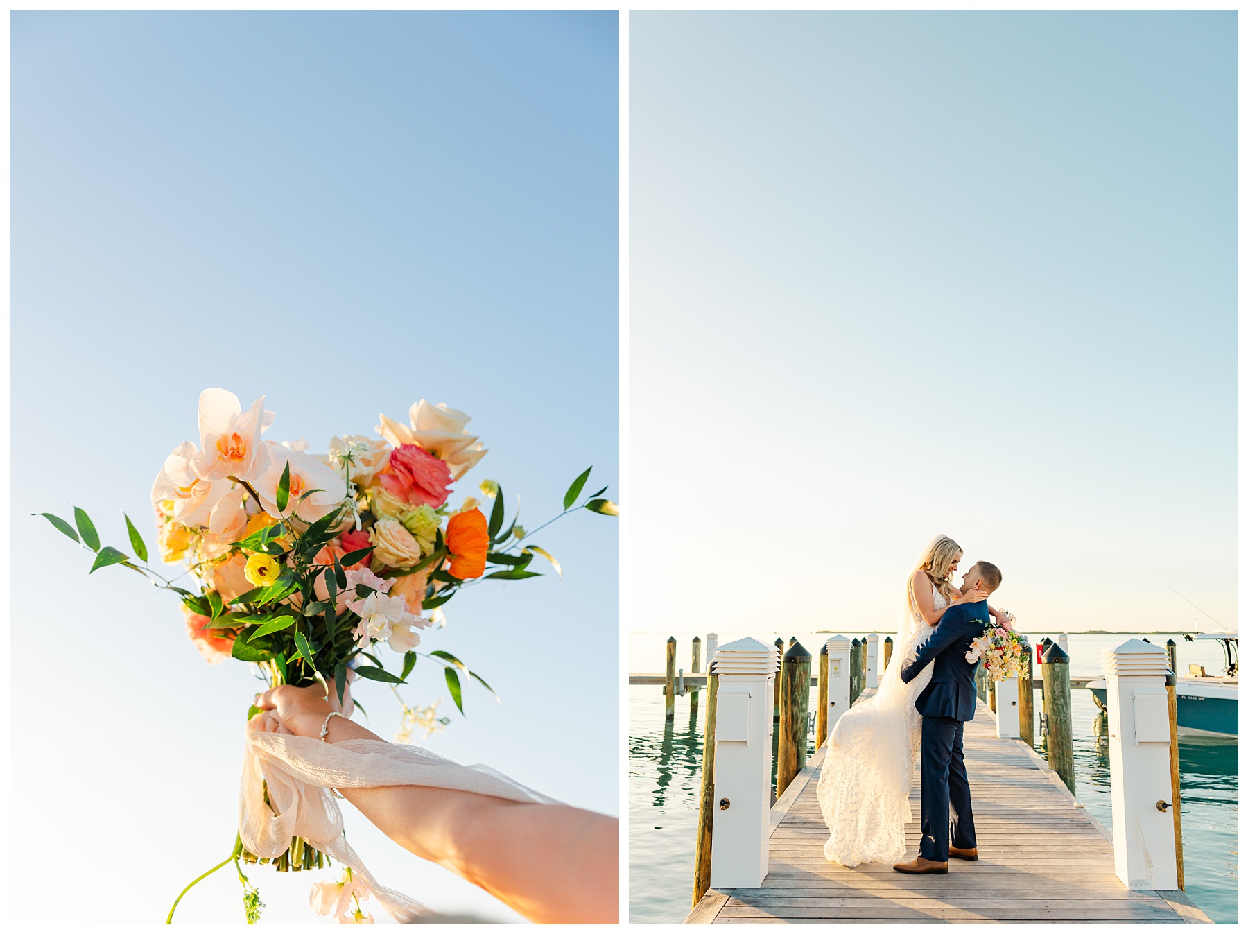 Playa Largo Wedding Bride and Groom Sunset Portraits on the dock