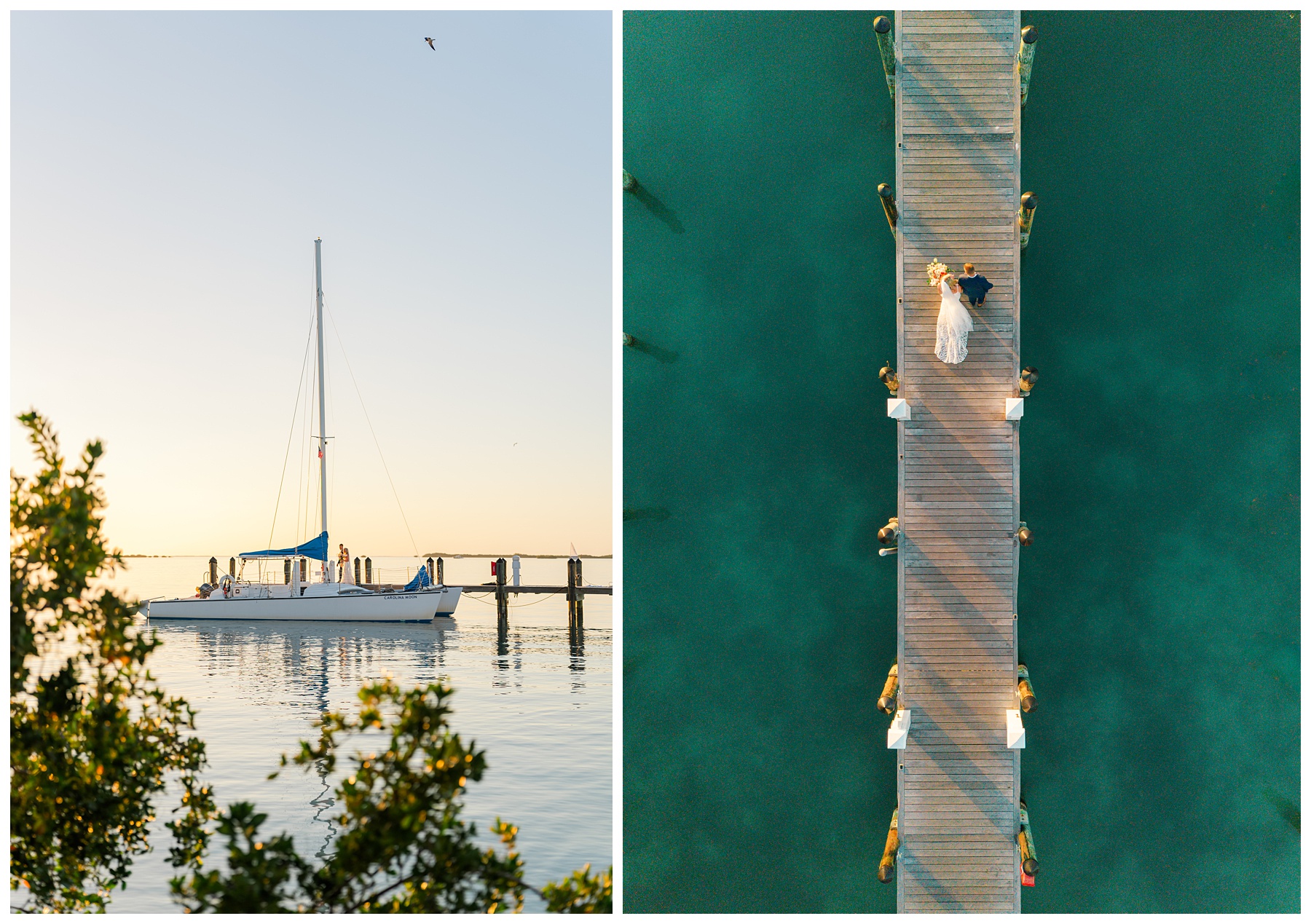 Playa Largo Wedding Bride and Groom Sunset Portraits on the dock and drone photos