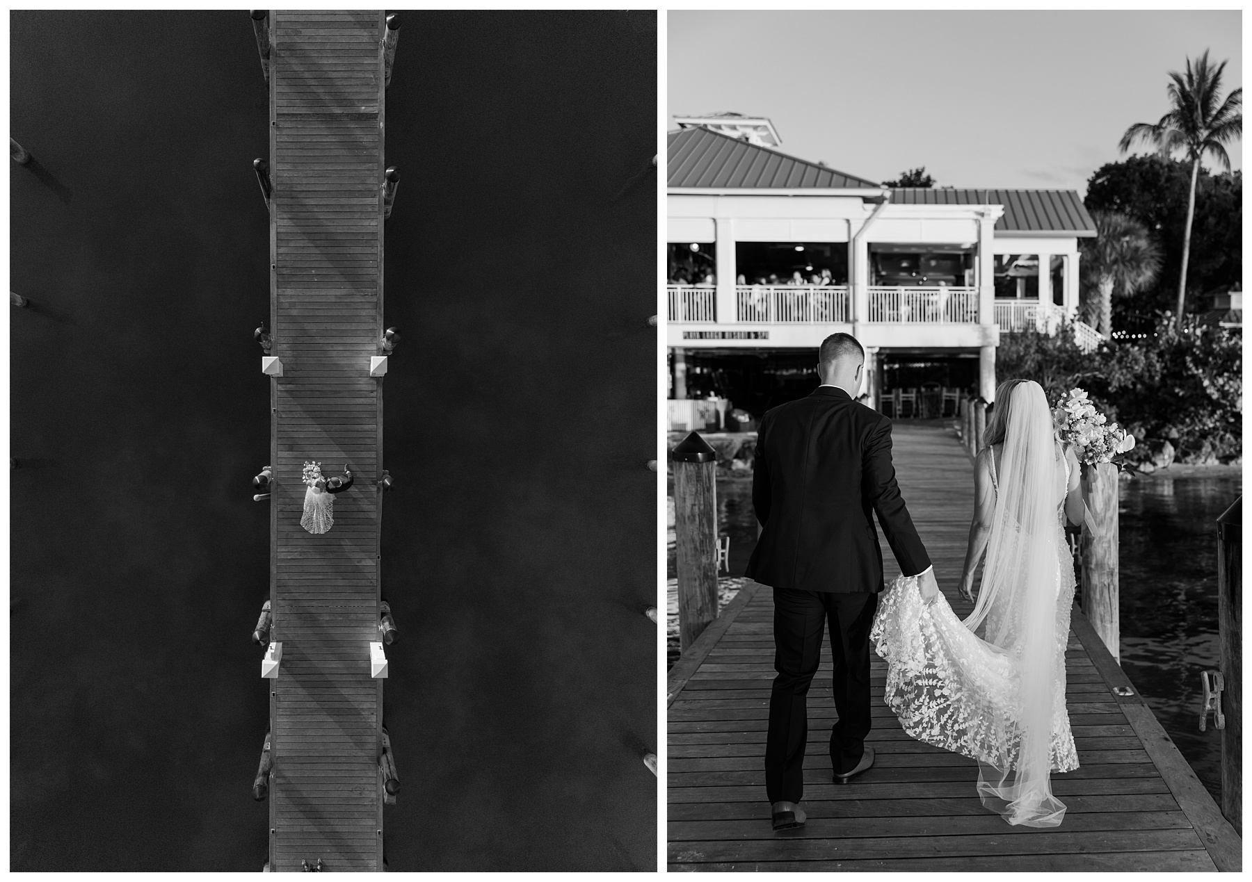 Playa Largo Wedding Bride and Groom black and white Portraits on the dock
