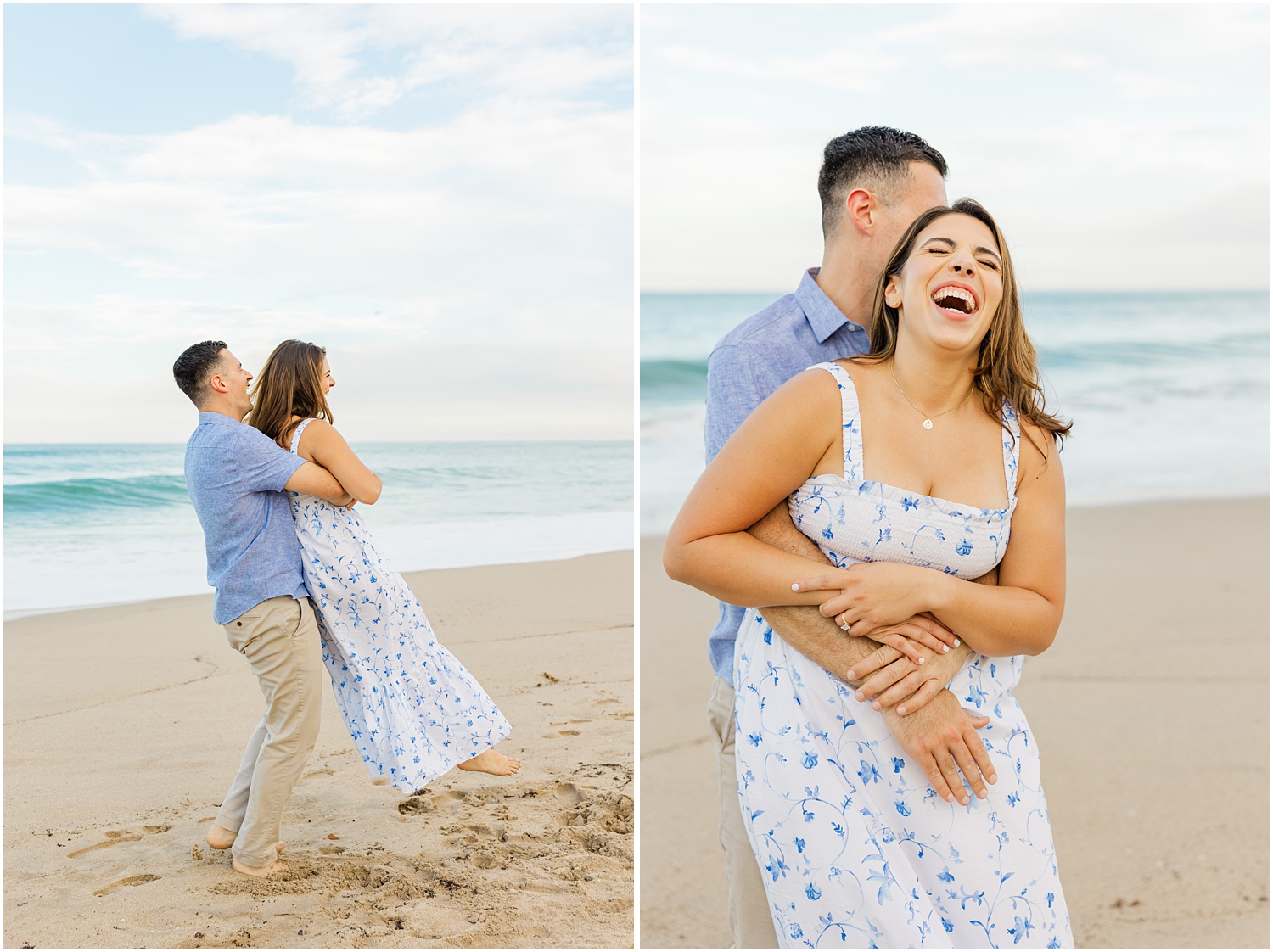 Carolina and Brian spin and twirl on the beach during their engagement photos on Palm Beach Island