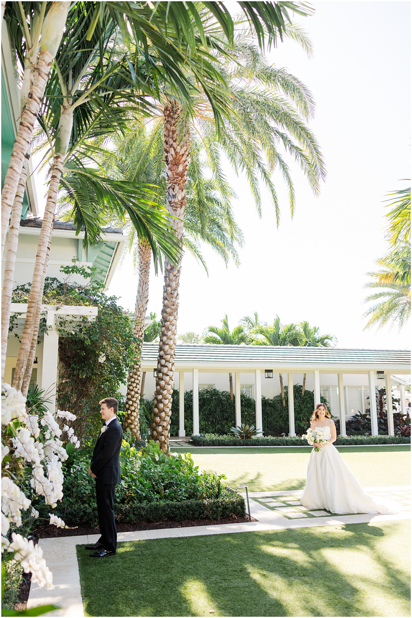 bride and groom first look at Pelican Club in Jupiter