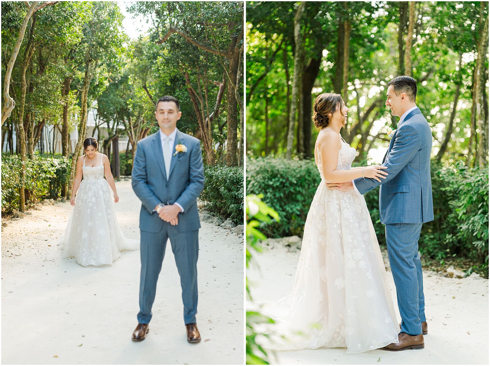 bride and groom first look at Baker's Cay