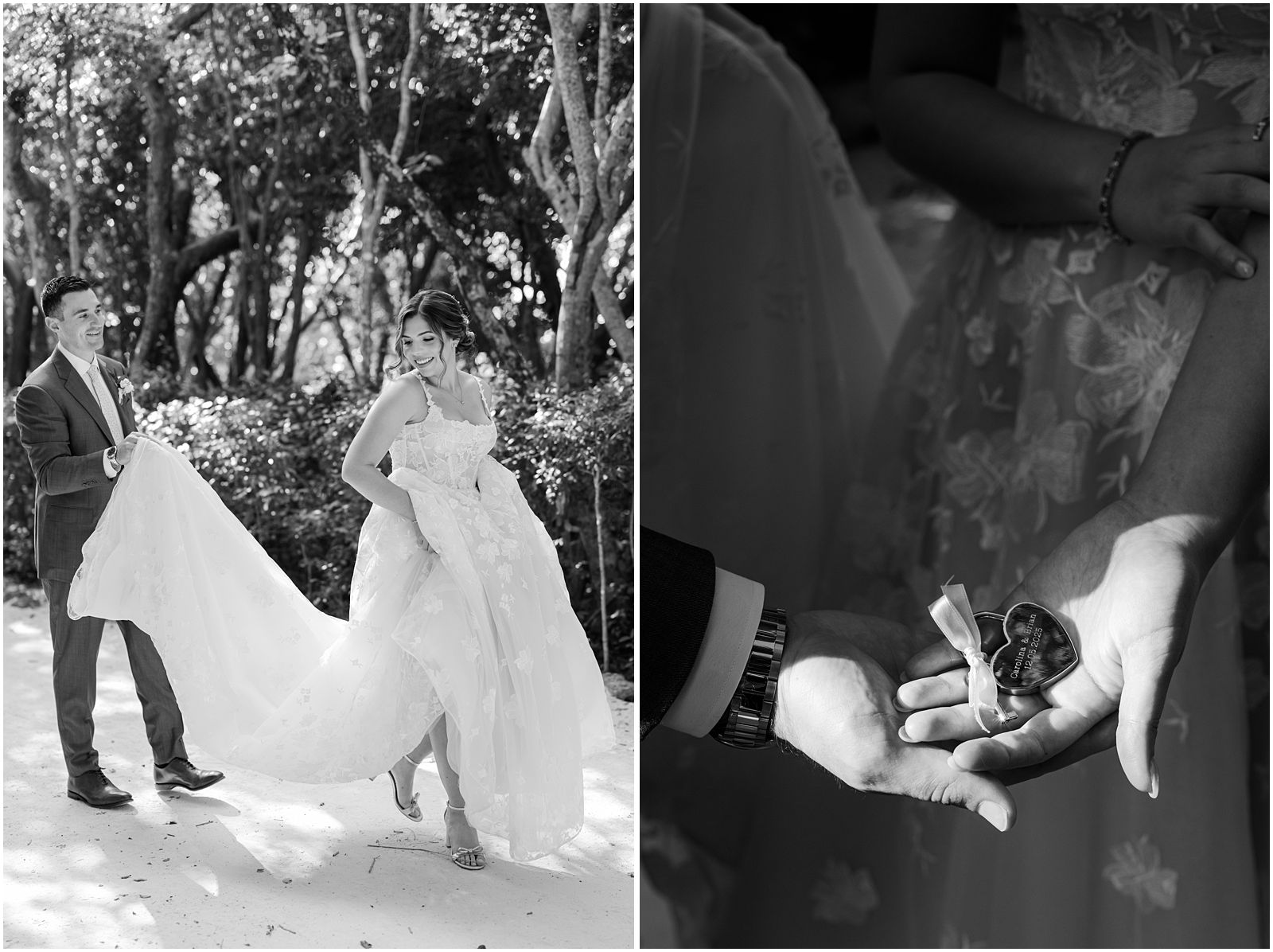 groom carrying bride's dress at Baker's Cay