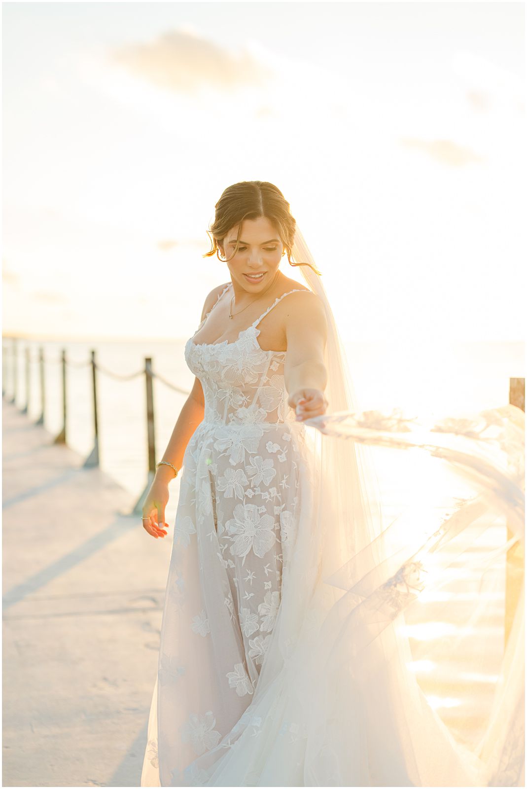 Key Largo Wedding Photographer captures bridal sunset portraits on the dock